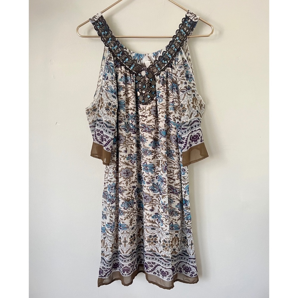 Alya Boho resort Cold Shoulder Floral Paisley mini dress Brown Beaded Sequin M